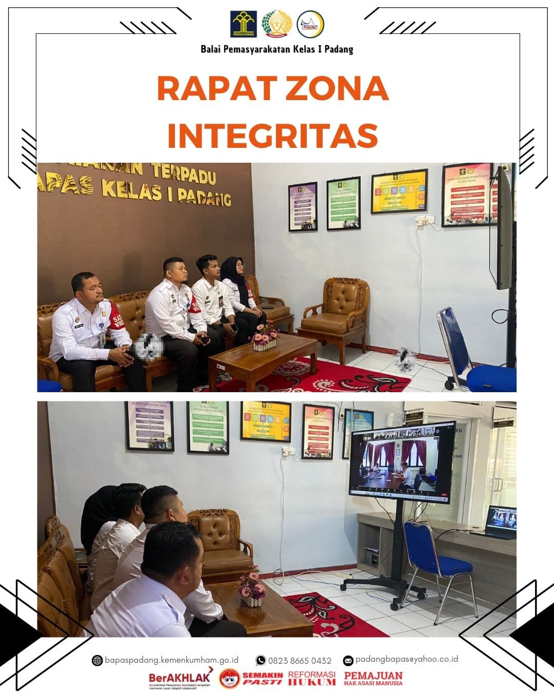 Tim Zona Integritas (ZI) Bapas Kelas I Padang mengikuti kegiatan rapat yang membahas terkait pengusulan satuan kerja untuk perolehan predikat Wilayah Bebas dari Korupsi (WBK) di lingkungan Kantor Wilayah Kementerian Hukum dan HAM Sumatera Barat